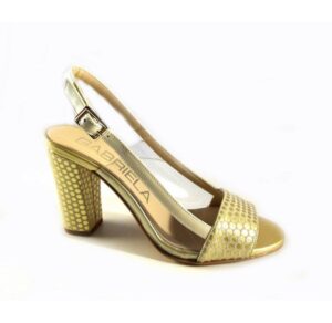 Zapatos de tacón beige Gabriela con laterales transparentes y topos dorados